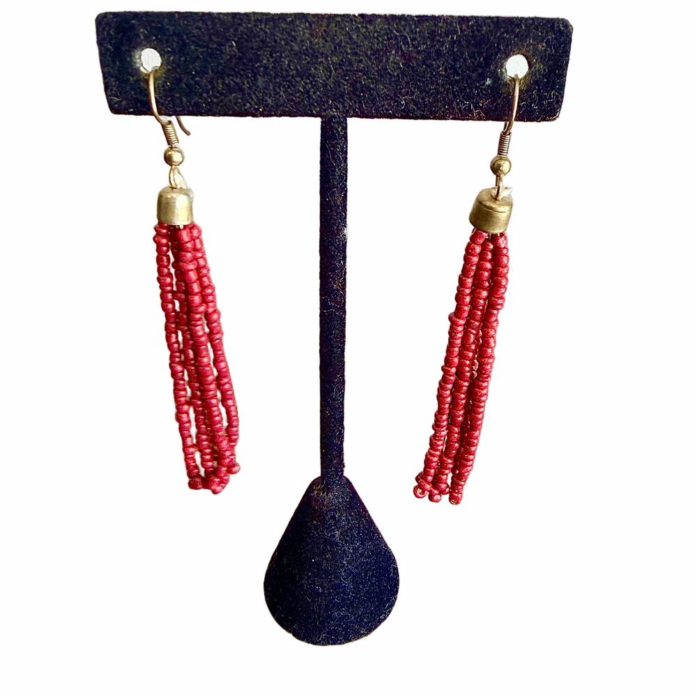 🍭6/$30!Maroon Red Seed Bead Tassel Fringe Dangle Drop Boho Earrings